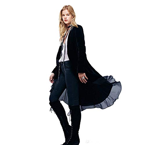 Women Ruffled Asymmetric Long Velvet Blazers Coat Casual Jackets(Black-L)