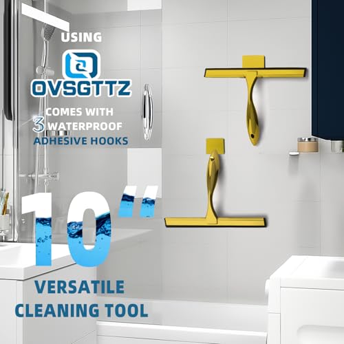 Image of Stainless Steel Shower Squeegee for Glass Door with 3 Adhesive Hook, Glass Cleaning Squeegee for Bathroom & Household Window, Mirrors, Tiles and Car, Clear 10 Inches Golden