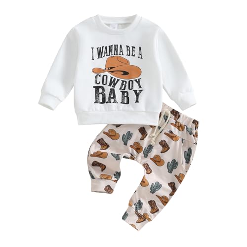Image of Western Baby Boy Clothes Cow Print Sweatshirt Pullover Top Jogger Pants 2Pcs Toddler Boy Cowboy Fall Winter Outfits (White E, 12-18 Months)