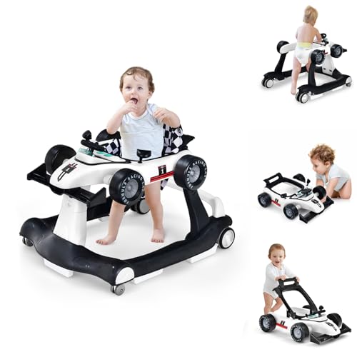 Image of HOMGX Baby Walker with Wheels, Convertible Baby Push Walker & Race Car Mode, Infant Activity Center with Music Box, 3 Heights & 2 Speeds, Foldable Walkers for 6-18 Months (White)