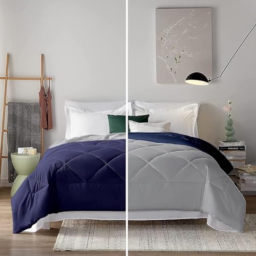 Image of Filbert 600 GSM Comforter for Double Bed | Super Warm Winter Quilt /Rajai | Thick Microfiber Blanket with Cloud-Soft Fill | Luxury Bedding for Winters - 90x100 Inch | Silver /Navy Blue