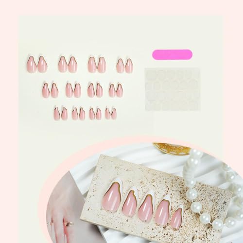 Image of NBNTGH White French Tip Press on Nails Gold Line Fake Nails Medium Almond False Nail with Design Nude Glue on Nails Artificial Acrylic Full Cover Glossy Stick on Nail for Women Manicure 24Pcs