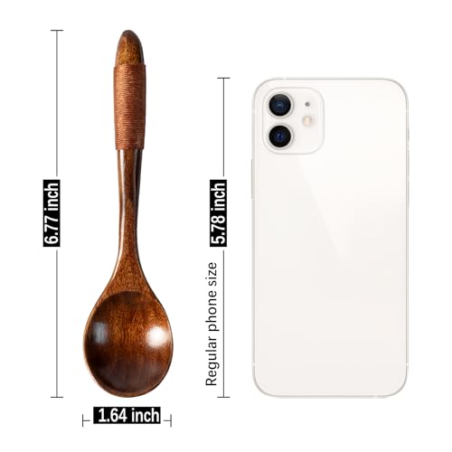 Hefild 6 PCS Wooden Spoons for Honey, 6.7 inch Small Wooden Spoons - Terrific for Tea, Coffee & Soup, Little Wood Serving Table Spoon Set, Bulk Bamboo Teaspoon for Eating with Wrapped Handles