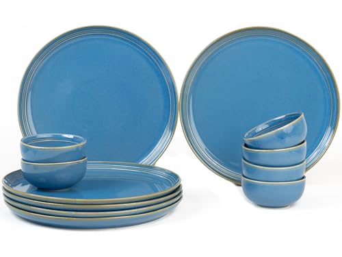 Image of Bodhi House Handcrafted Chip Resistant Porcelain Dinner Set, 12 Pieces Dish Set Serving for 6, Microwave and Dishwasher Safe, Bone-ash Free, Crockery Set for Dining and Gifting, Mid Blue