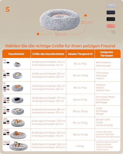 Feandrea Hundebett flauschig, Katzenbett, Donut Kissen, waschbar, Polsterung in der Mitte herausnehmbar, Langer Plüsch, 50 cm Durchmesser, Ombré-Grau PGW037G01