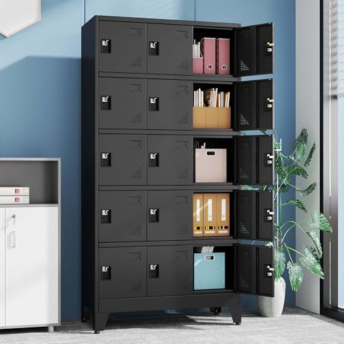 Image of Metal Lockers for Employees, 15 Doors Black Steel Storage Locker Cabinet | Heavy Duty Employee Lockers with Name Card Holders & Ventilation Holes for Office School Gym Garage, Easy Assembly
