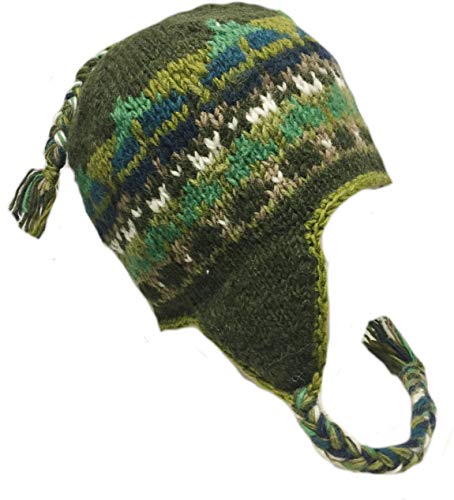 Nepal Hand Knit Sherpa Hat with Ear Flaps, Trapper Ski Heavy Wool Fleeced Lined Cap (Green)