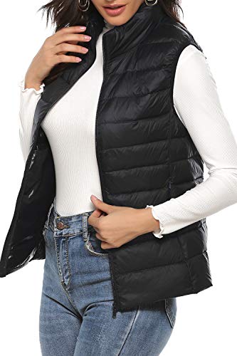 CROSS1946 Women's Lightweight Water-Resistant Packable Hooded Puffer Jacket Keep Warm Long Sleeve/Vest Down Jacket #1 Black Vest Down Jacket,L