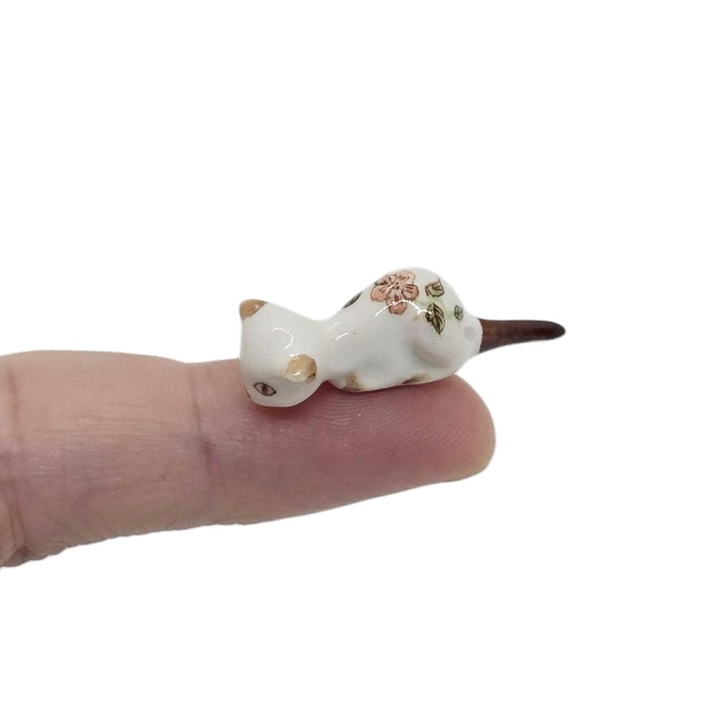 WitnyStore 1¼" White Brown Flower Kitten Cat Ceramic Figurine for Terrarium Decoration Collectible Statue for Adult Collectors Handcrafted Porcelain Sculpture Home Room Tabletop Decor
