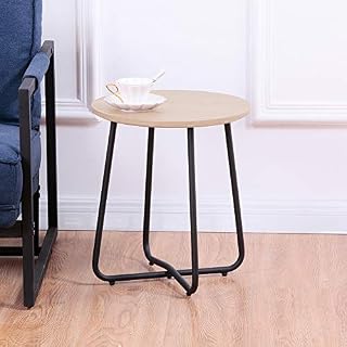 GOLDFAN Round Side Table, Small Industrial Sofa End Table Metal Coffee Table Bedside Table for Living Room Bedroom,Natural