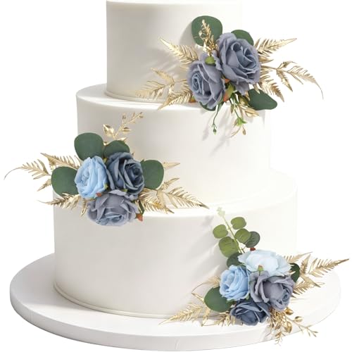 zezzos 3PCS Dusty Blue Cake Flowers Wedding Cake Topper Flowers for Cake Decorating Floral Cake Decorations for Wedding Anniversary Birthday Party Home Decor (Dusty Blue)