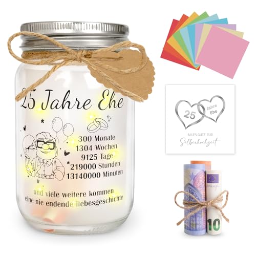 YYSWSAKY Geschenke zur Silberhochzeit, LED Flaschenlicht mit Spruch, 25. Jahrestag Silberhochzeit Geldgeschenk, Dekoflasche mit Lichterkette für Paare Frauen Männer (Silberhochzeit)