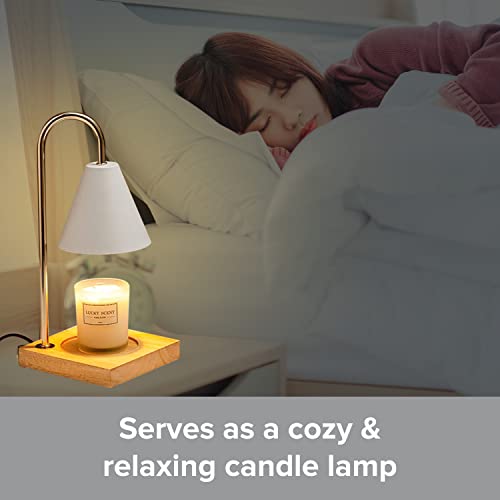 Candle Warmer - Elegant Candle Lamp with Dimmer Switch & Light Bulb - Candle Wax Warmer for 3 Wick Candle & Candle Jars - Plug In Wax Warmer - White Candle Holder with Light Wood Base (1-Pack)