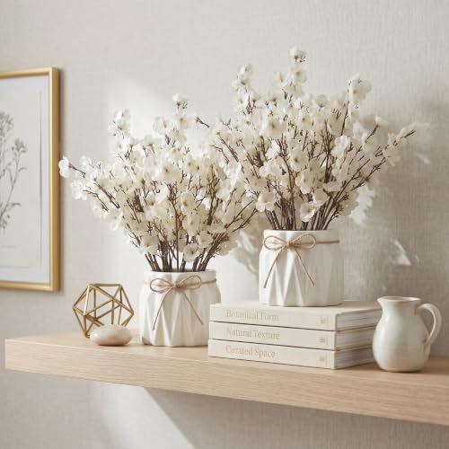 Image of Dekorly Artificial Lavender Plant in White Pot, 18cm - Realistic Faux Flower Arrangement for Home & Office Decor (Set of 1) (2, White Baby's Breath Flower)