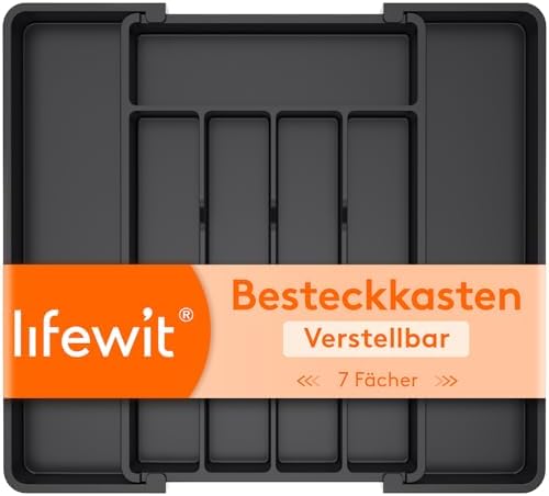Lifewit Besteckkasten für Schubladen, 5-7 Fächer verstellbarer Organizer | Kunststoff Besteckeinsatz Küche, Tiefe 35 cm, Breite erweiterbar bis 41 cm, für Löffel, Gabeln und Geschi