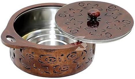 Wooden Casserole Box for Roti | Hot Box for Kitchen Hot Pot Roti Box with Stainless Steel Hot Food Easy to Store, Medium, Brown, R-231