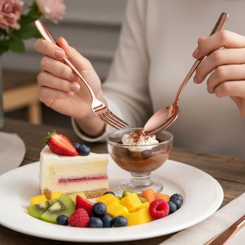 Image of 12-Pcs. Rose Gold Cutlery Set - Luxury Stainless Steel Flatware Service for 6 with 6 Dinner Spoons & 6 Dinner Forks - Titanium PVD Coated Mirror Finish - Dishwasher Safe Silverware