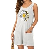Tomwell Damen Kurz Jumpsuit Overall Playsuit Ärmellos Boyfriend Stylisch Latzhose Casual Sommer Romper mit Knopftaschen A Weiß L