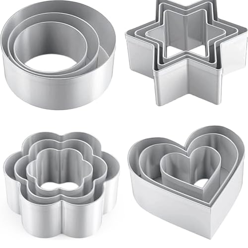 12 Pcs Cookie Cutters Set, Stainless Steel Biscuit Cutters for Baking, Heart Star Flower Round Cookie Cutter Set, Small Metal Cutters for Cookies Cakes Fruits, Valentines Cookie Cutters
