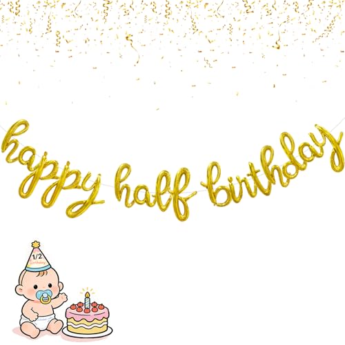 Happy Half Birthday Balloons Banner 18 Inch Script/Cursive Foil Mylar Letter Balloon Sign for Half Birthday Decorations, Reusable Half Party Decoration for Girl Boy 6 Months Party