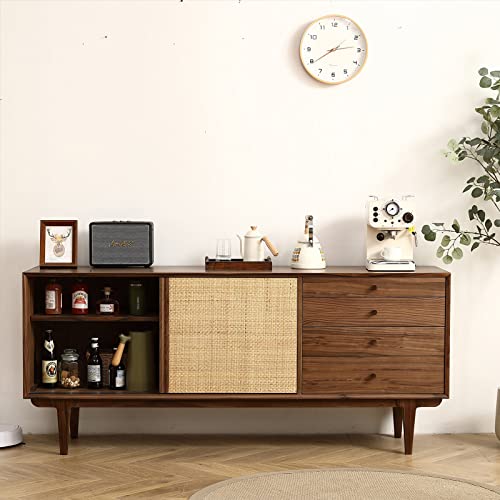 Kasue Two Door Four Drawer Cabinet With Rattan Weaving - Black Walnut/Natural Vine Mdf Sideboard, Mid-Century Sideboard For Dining Room Living Room Buffet Storage Cabinet/Tv Stand #TOP1