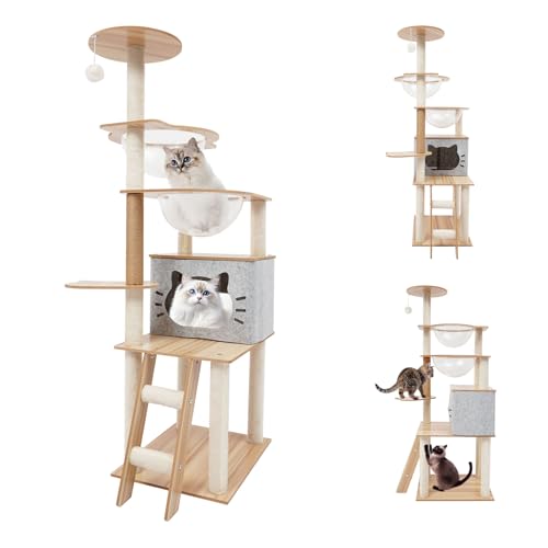 Arbre à chat en bois moderne avec grotte, 50 x 40 x 135 cm, stable,...