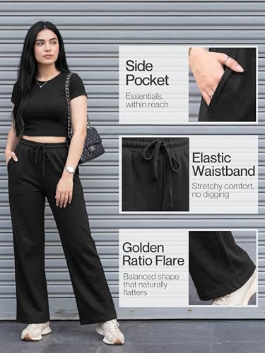 Image of Fflirtygo Women's Wide Leg Pants with Pockets | Premium Cotton Lounge Wear | High Waisted Drawstring | Casual Comfortable Pajama Bottoms with Pocket