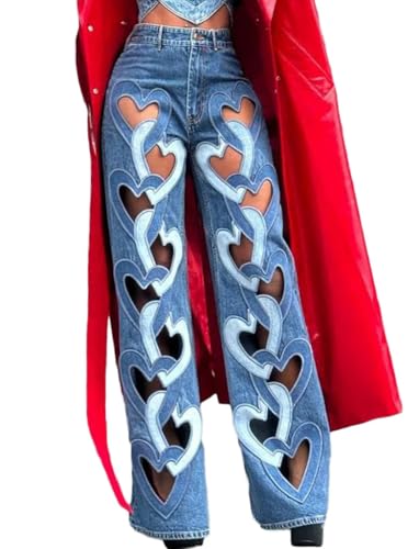 NIFTRIRY High Waisted Jeans for Women Side Heart Cut Out Pants Women Trousers Wide Leg Jeans Woman