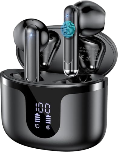 Wireless Earbuds, 2026 Bluetooth 5.4 Headphones Bass Stereo Ear Buds with Noise Cancelling Mic, LED Display in Ear Earphones 50H Playtime Ear Buds, IP7 Waterproof for Laptop Pad Phones Dark Black