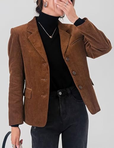 Corduroy Casual Blazer for Women's Lapel Collar Button Front Long Sleeve Vintage Business Jacket4