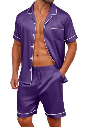 Vssjavun Mens Satin Silk Pajamas Sets Short Sleeve Button-Down Sleepwear Two Piece Loungewear with Pockets