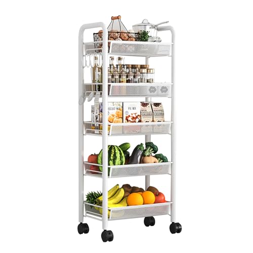 Estante multiusos para verduras con ruedas para cocina, sala de manualidades y baño, color blanco, 5 niveles