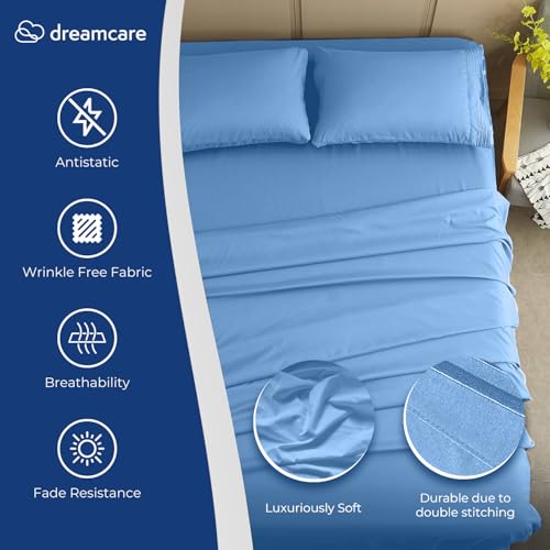 Image of DREAMCARE Queen Sheet Set - 4 pcs Breathable Cooling Sheets - up to 15 inch Deep Pocket Queen Sheets Set with Side Pockets - Extra Soft 100% Brushed Hypoallergenic Hotel Luxury Bedding - Light Blue