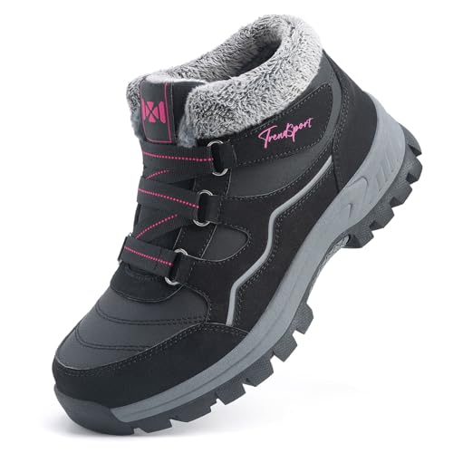 Qiucdzi Womens Winter Snow Boots Warm Fur Lined Anti-Slip Ankle Booties Walking Shoes Non-Slip Outdoor Trekking Shoes Black Size 7.5