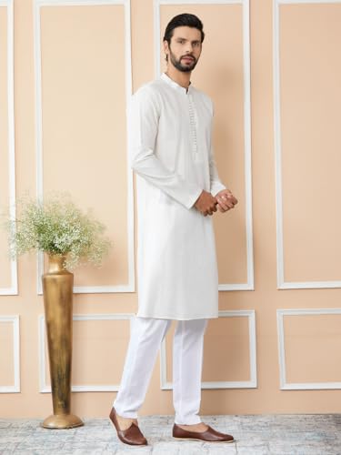 Image of See Designs Men's Long Sleeve Mandarin Collar Side Slit Embroidered Thread Work Sequinned Chanderi Silk Straight Kurta with Pyjama