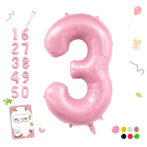 Image of 40 Inch Pink Number 3 Balloon, 3rd Birthday Decoration Boys Girls