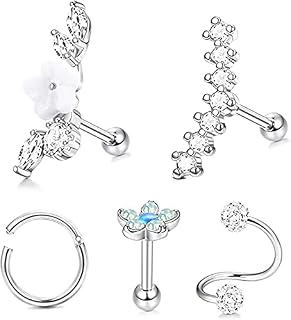 LOLIAS Stainless Steel Cartilage Earrings Hoop for Women Girls Helix Piercing Tiny Stud Earrings Set Tragus Nose Lip Circle Flower Conch Screw Earrings CZ Barbell Ear Cartilage Piercing for Women 16G