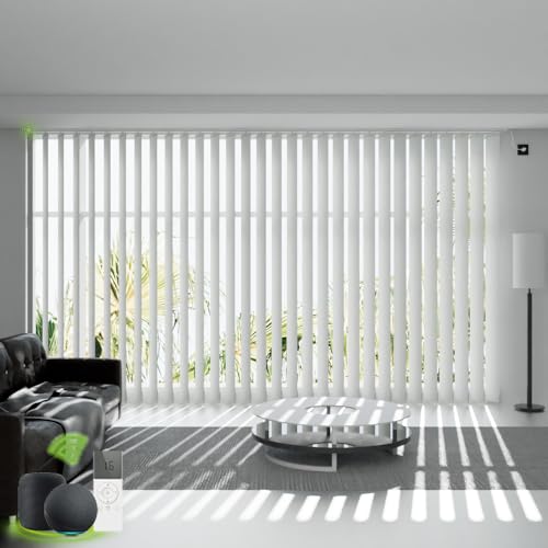 Bliwans Motorized Vertical Blind Compatible with Alexa Google Home,Smart Vertical Blind Remote Control Privacy Reversible Blackout Blinds for Patio Sliding Glass Door Customize White