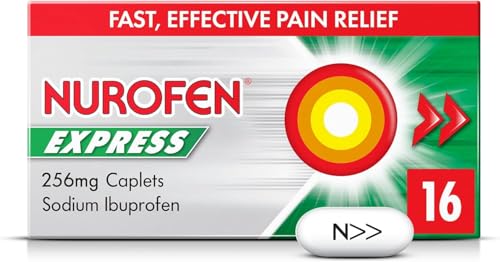 Nurofen Express Sodium Ibuprofen Caplets 256mg 16 Count - Fast-Acting Relief for Period Pain Headaches Migraines Cold & Flu Symptoms