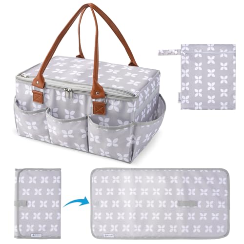 Image of Moteph Diaper Caddy Organizer - Baby Caddy with Lid & Changing Mat, Car Diaper Caddy, Large Nursery Storage Diaper Tote Basket for Changing Table with Zip-Top Cover, Great for Baby Showers - Grey