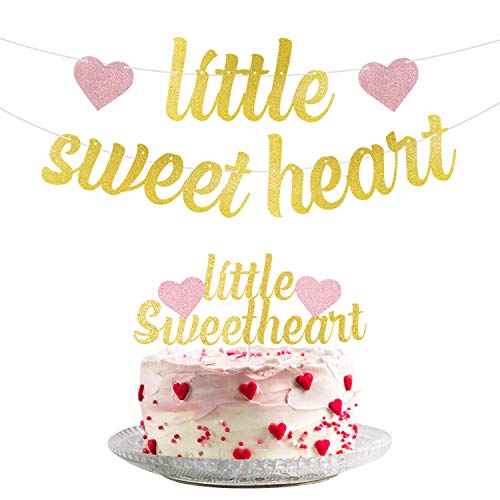 MALLMALL6 Little Sweetheart Banner Cake Topper Set for Valentine's Day Baby Shower Party Favors Golden Pre-Assembled Glittery Sign Pregnancy Celebration New Born Party Cake Decorations for Boy Girl
