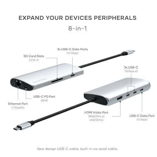 Image of Satechi 8-in-1 USB-C Hub V3, 8K HDMI, Multiport Adapter, Ethernet, Silver