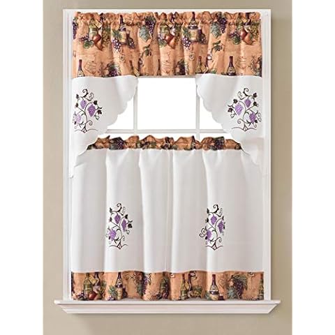 Gentle Home 3pc Kitchen Curtain and Valance Set/1 Swag Valance and 2 Tiers,2 Tiers Width 30"x 36" Each and The Valance Length 60"x36" (Wine & Purple Grape) Cover