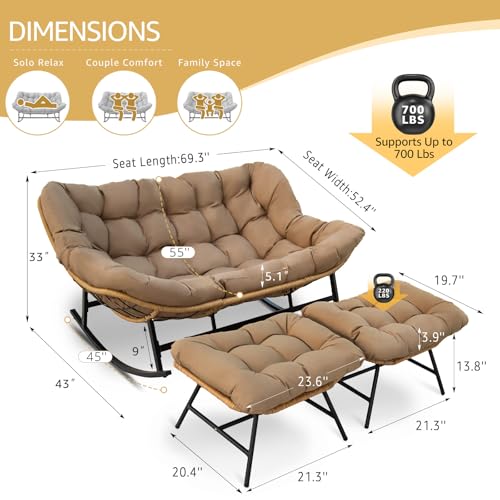 Image of NICESOUL Oversized Double Rocking Papasan Chair with Cushion, 2 Person Big Wicker Outdoor Comfy Recliner, Large Heavy Duty 700 lbs Loveseat for Patio, Balcony, Backyard