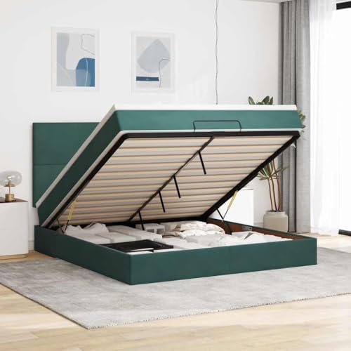 AJJHUUKI Cama otomana con colchones, color verde oscuro, 180 x 200 cm, muebles de terciopelo, camas y accesorios, camas y marcos de cama