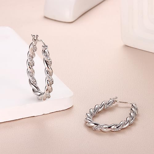 KRFY 925 Sterling Silver Twisted Hoop Earrings With Cubic Zirconia - Hypoallergenic 14K Gold Plated Oval Chunky Hoops for Women Girls - Gold Silver - Image 6