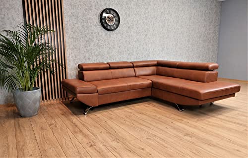 Quattro Meble Echtleder Ecksofa Varsovia 245 x 210 cm Sofa Couch mit Schlaffunktion, Bettkasten und Kopfstützen Echt Leder Eck Couch Leder Granada Cognac