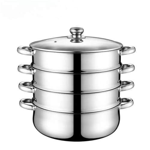 LOADFUN 家庭用多層蒸し器セット ステンレス鋼製 3層4層5層グリッド選択 大型蒸し鍋 ガス電磁両対応 厚底三層構造 ヘルシー蒸し調理 多機能調理器具 フェノール樹脂ハンドル 強化ガラス蓋付き 煮る茹でる蒸す調理(38cm,4段)