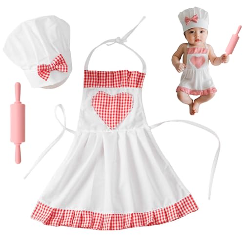 SPOKKI Baby Photography Prop Chef Hat Apron Photo Props Costume Come with 3PCS Photography Hair Clips (Pink 3Pcs)