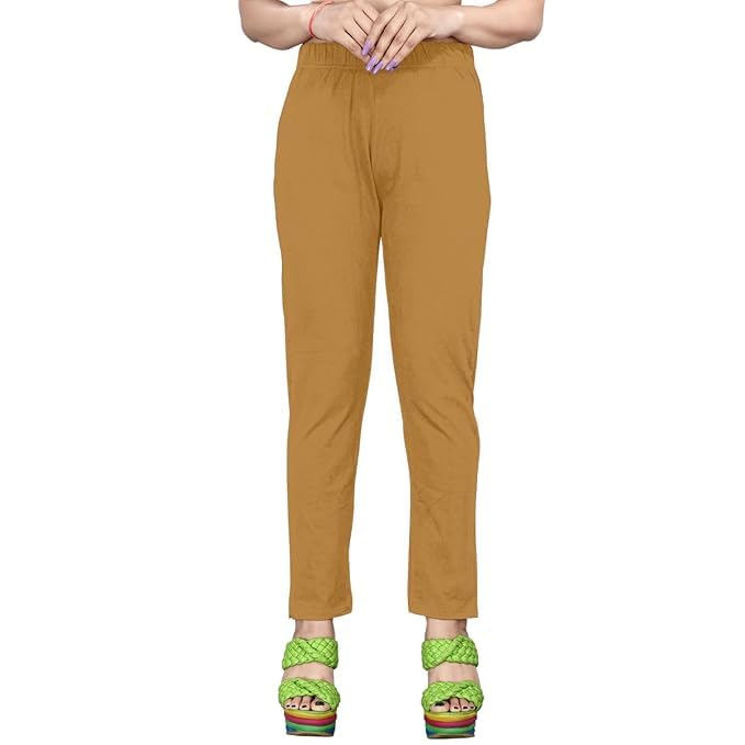 Image of Women's Solid Cotton Lycra Pants-High Waist Slim Fit Stretchable Leggings - Comfortable Long Trousers for Casual, Office & Everyday Wear
